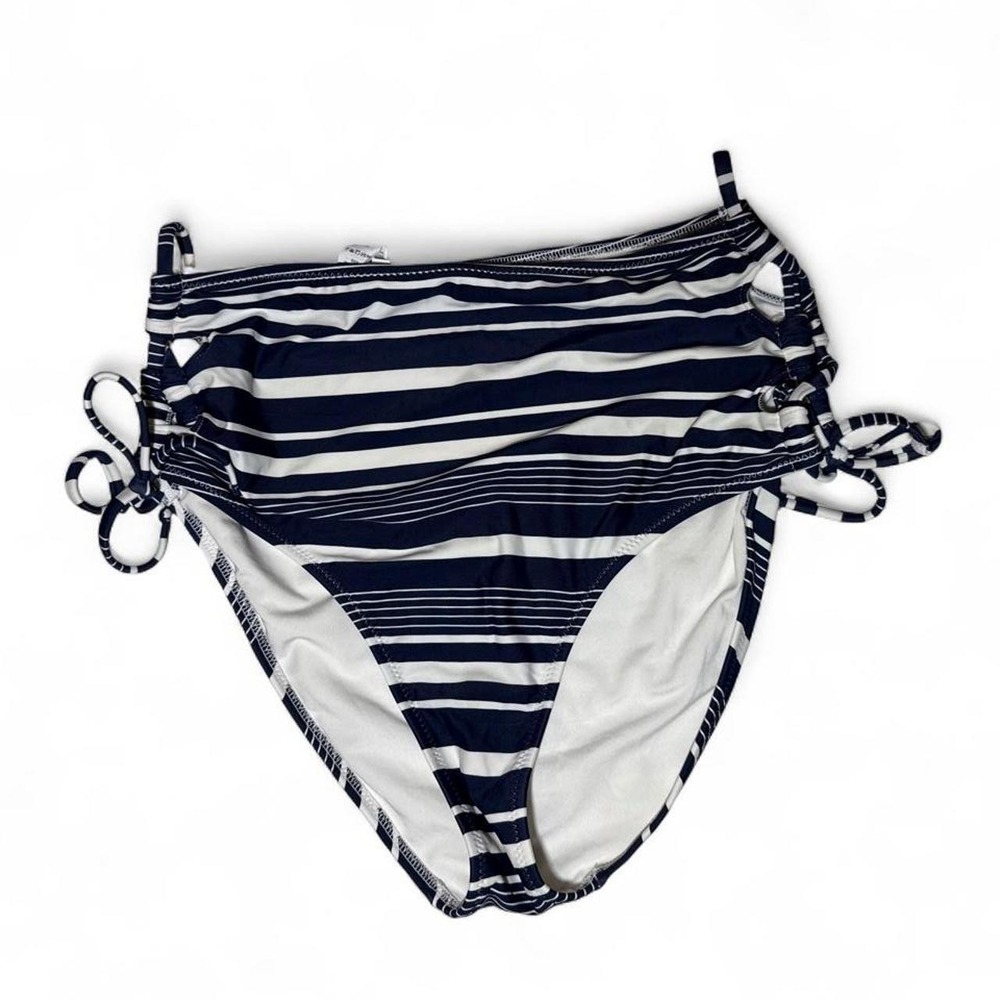 Aerie Navy Blue White Striped High Waisted Bikini Bottoms Side Ties Size Medium